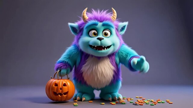 Vibrant, happy, colorful cartoon yeti monster character for spooky Halloween celebrations, perfect for festive video footage.