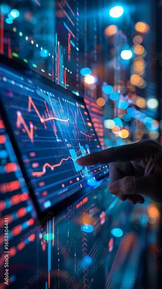 Poster close up hand interacting with digital tablet displaying data charts