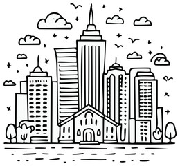 Cityscape illustration with buildings clouds birds and stars in a simplified line art style