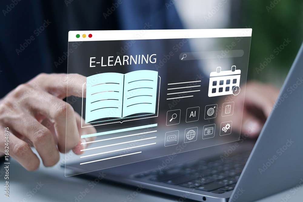 Aufkleber e-learning platform concept. online education, webinars, scheduling, distance learning via video tut