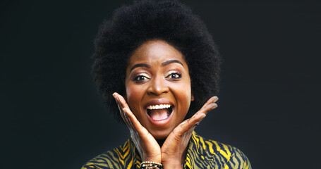 Happy, surprise or African woman in studio with beauty makeover, facial cosmetics or treatment....