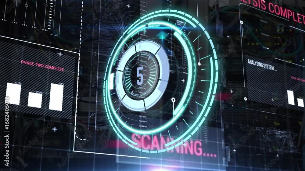 Poster countdown over neon round scanner against digital interface with data processing