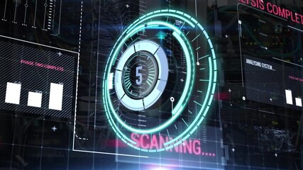 Countdown over neon round scanner against digital interface with data processing - Powered by Adobe