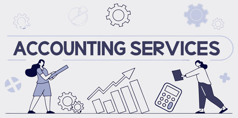 Accounting services graphic with business people on a neutral background