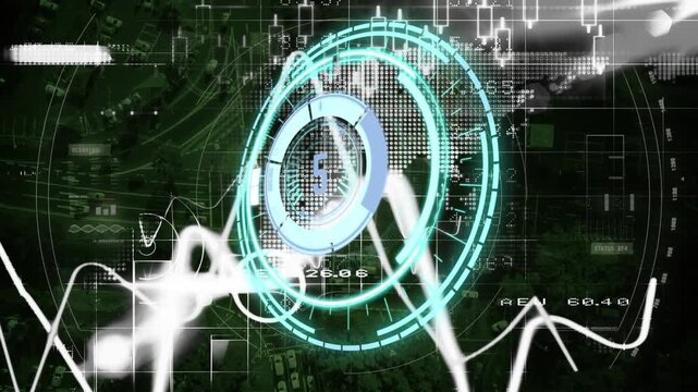 Countdown over neon round scanner and statistical data processing against aerial view of cityscape - Powered by Adobe