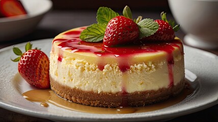 Indulgent individual summer strawberry cheesecake with a luscious red berry sauce, fresh mint, and a golden graham cracker crust