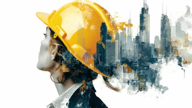 A skilled construction worker gazes thoughtfully towards the bustling city skyline. Her yellow hard hat and professional attire underscore her dedication to the industry and its future.