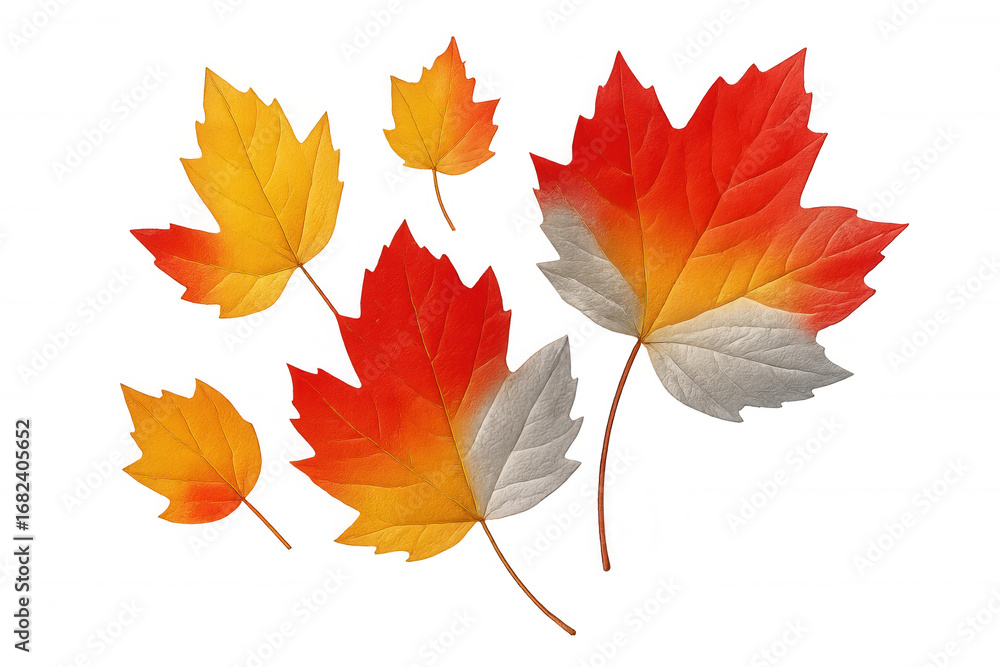 Poster five colorful maple leaves falling down, creating a vibrant autumn scene on a transparent background