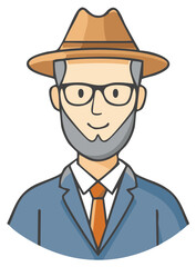 Cartoon of a smiling man wearing a fedora hat eyeglasses and a suit