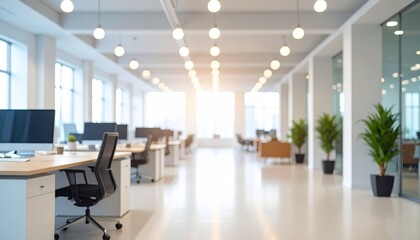 Bright and inviting modern corporate office interior with spacious open-plan work area, designed for productivity, collaboration, and future business success