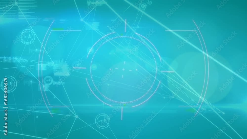 Poster animation of network of connections with icons and glitch on green background