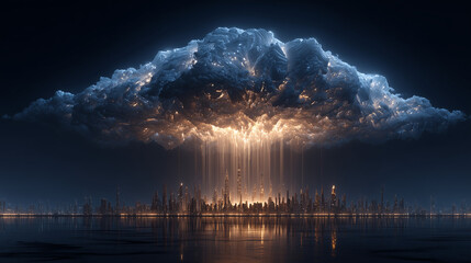Cloud computing visualized as an intelligent, glowing cloud of data providing power to a futuristic city.