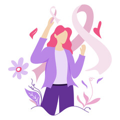 Pink-Haired Woman Holding Breast Cancer Awareness Ribbon with Floral Accents