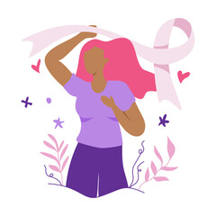 Woman with Pink Hair and Ribbon Symbolizing Breast Cancer Awareness.