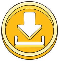 Yellow coin with download arrow symbol in modern flat design, digital concept