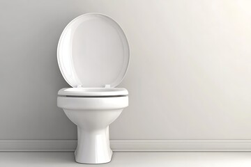 Pristine white ceramic toilet with the lid up, positioned against a plain white wall. Light creates shadows