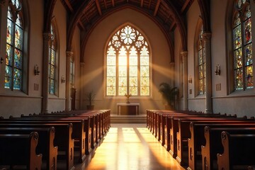Fototapeta premium Serene church interior, sunlight streaming through stained-glass windows illuminating a quiet prayer space Perfect for themes of faith, spirituality, peace, and worship , church, ancient