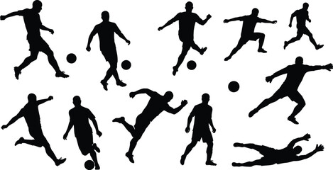 Football silhouette, soccer player kicking ball, running dribble, goalkeeper diving save, action sports, athlete training, competition match, game illustration, fitness silhouette