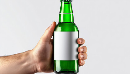 Hand holds green beer bottle with blank label. Mockup. Pair grip emerald ale container having empty marker. presentation for brewery tavern pub. alcohol beverage concept. studio shot.