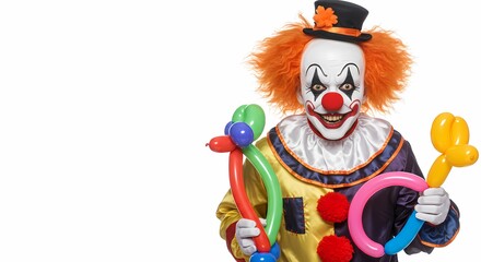 Naklejka premium Menacing Clown with Balloons A Visual Study in Contrast