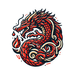 Detailed red dragon illustration with fire and water elements.