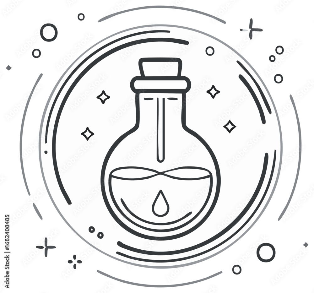 Poster potion bottle with liquid and drop inside in circular line art design