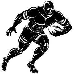 Powerful rugby player running with ball, demonstrating strength
