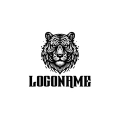 Detailed tiger head logo design, black and white illustration.