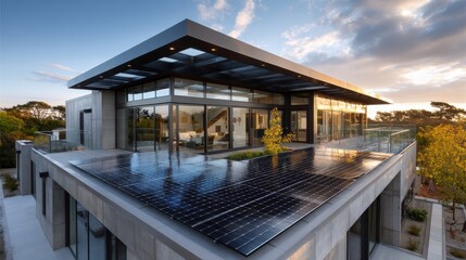 Obraz premium Modern Architectural Marvel: The sleek lines and contemporary design of a cutting-edge building, featuring expansive glass windows, and a roof covered in solar panels.
