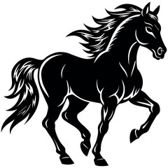 A black horse is prancing with its mane flowing