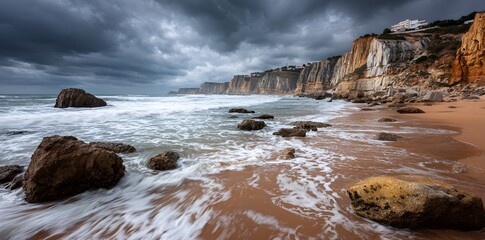 Fototapeta premium Dramatic Coastal Scene: Stormy Sky over Portuguese Cliffs and Sandy Beach