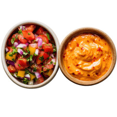 Two small bowls of vibrant dips.  One, a fresh salsa of diced tomatoes, red onion, and bell pepper, with fresh herbs. The other, a smooth, orange-red, creamy sauce, possibly a spicy aioli or similar