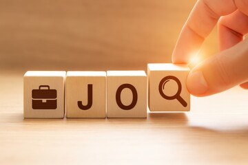 Job Search Concept with Wooden Blocks and a Hand Selecting the Magnifying Glass Icon for Employment Opportunities