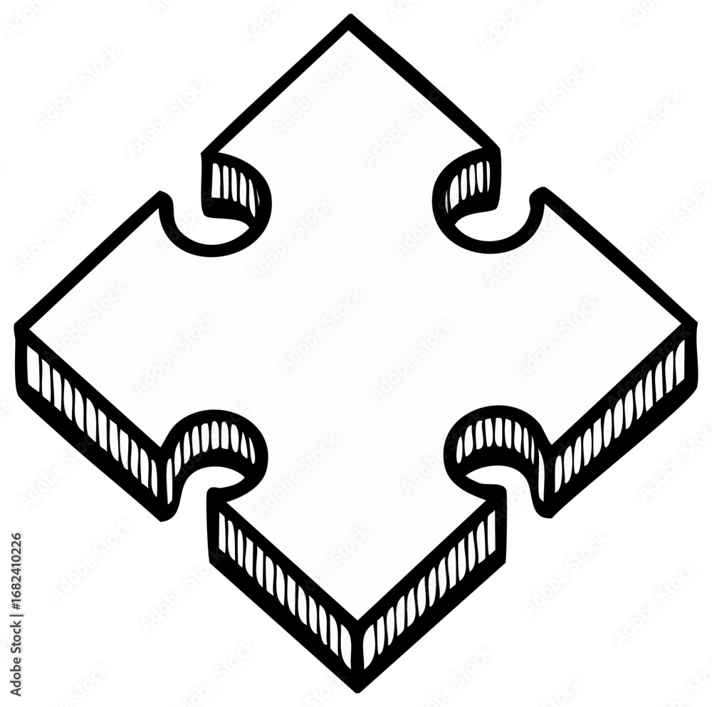 Poster conceptual illustration of a stylized square puzzle piece with cutout edges, representing connection