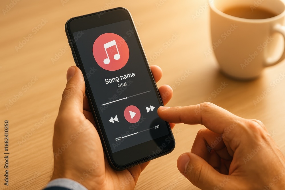 Poster close-up view of hand interacting with smartphone music player interface in modern workspace with co