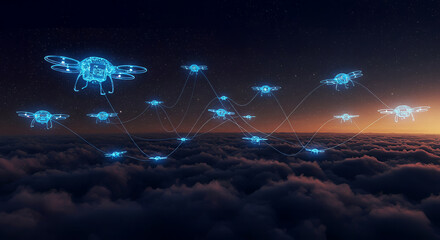 autonomous drone network flying over cloudscape at dusk illustrating ai-powered logistics and global connectivity solutions perfect for tech