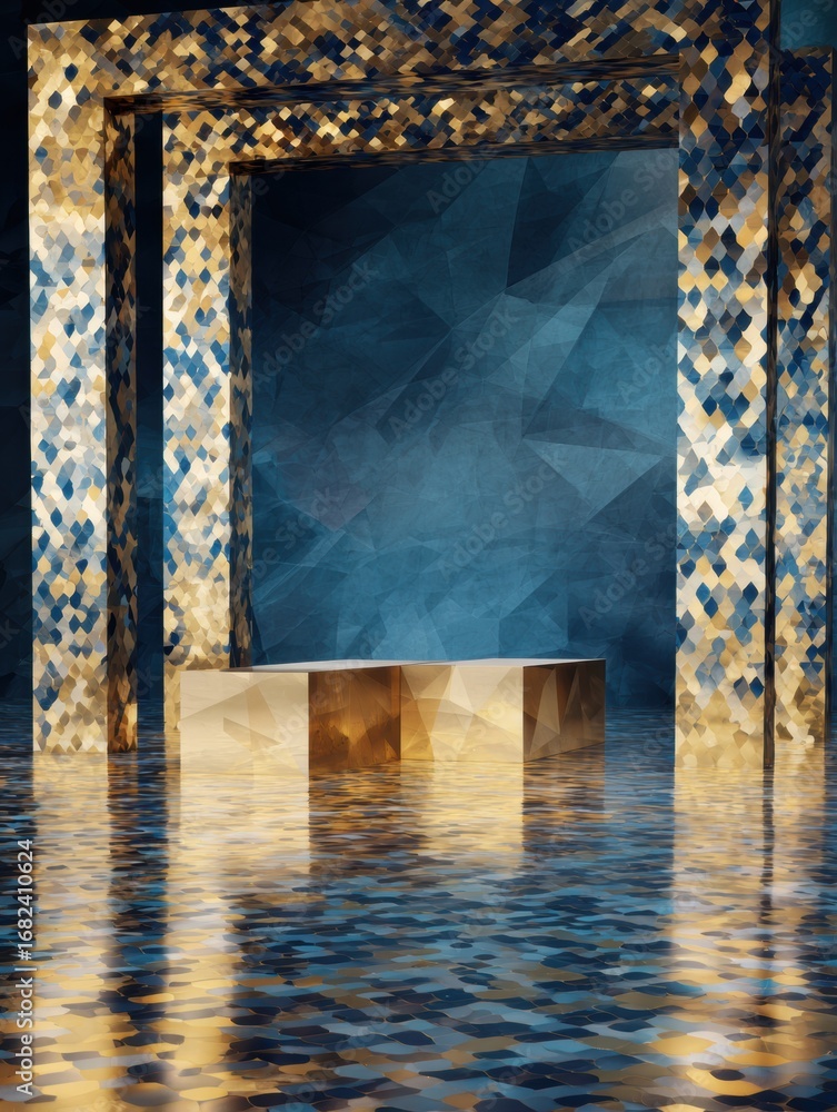 Poster architectural structure with ornate patterns reflecting in water under dramatic lighting in an artis