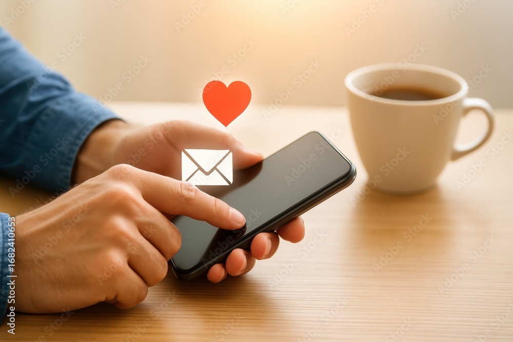 Poster close-up of a person's hand using smartphone to send a message with heart icon in a cafeteria with a