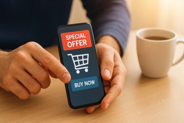 Person Using Smartphone to Access Online Shopping for Special Offers and Immediate Purchase in a Cozy Setting with Coffee