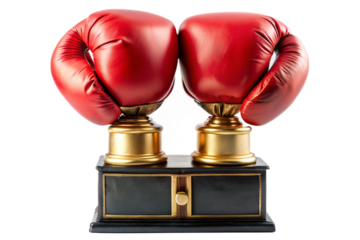 Golden boxing trophy featuring iconic red gloves symbolizing championship victory and athletic achievement transparent background