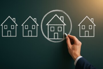 Creative Process of Selecting Ideal House Matching Requirements in Real Estate Market with Chalk Drawing on Chalkboard