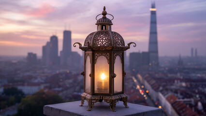 Ornate lantern glows against a stunning city skyline at dusk creating a magical, warm ambiance