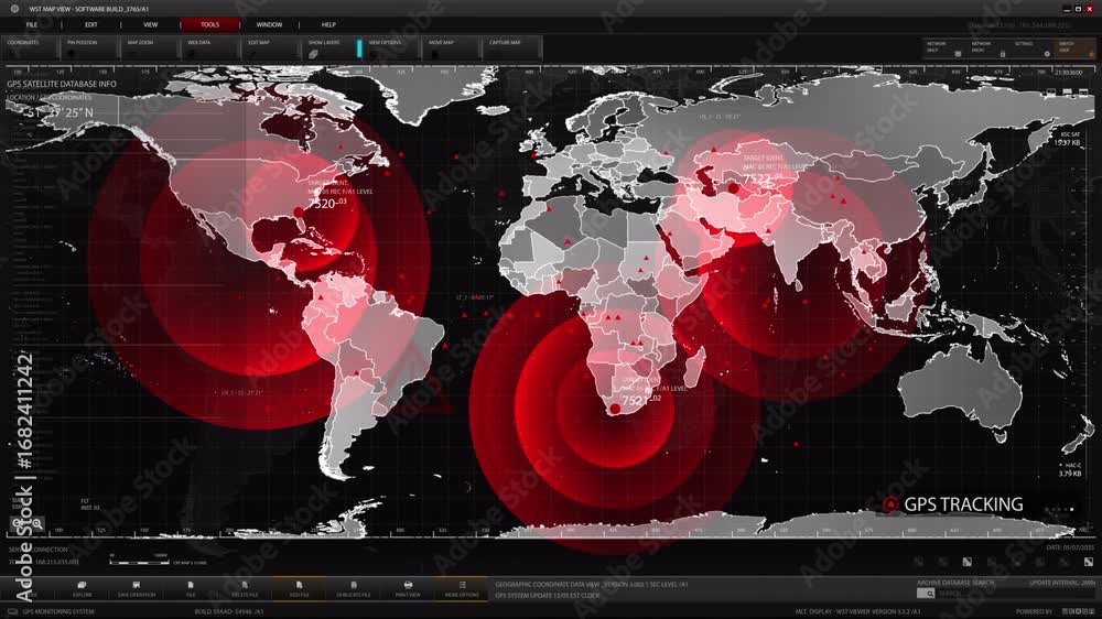 Poster futuristic global surveillance interface showing animated gps satellite tracking across a digital wo