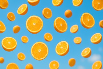 Floating Orange Slices Against a Clear Blue Sky with Bright Sunlight Creating a Refreshing and Vibrant Atmosphere