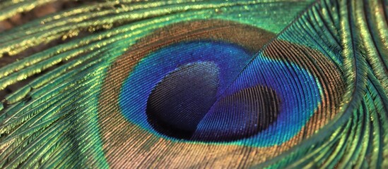 Peacock feather closeup. Selective focus. Feather background.