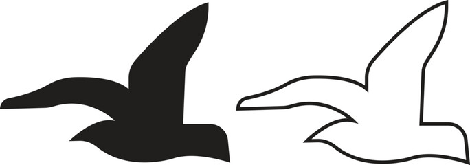 Bird silhouette flat and outline icons set, flying bird shapes, sparrow pigeon dove crow hummingbird seagull black vectors, nature wildlife illustration symbols isolated on transparent background.