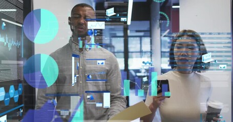 Animation of diverse business people talking over data processing - Powered by Adobe