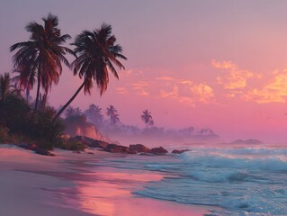 Ethereal Pink Sunset Over a Misty Tropical Paradise with Silhouetted Palm Trees.