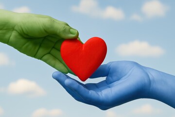 Hands of Different Colors Holding a Red Heart Against a Blue Sky with Clouds Symbolizing Unity, Love, and Diversity in Relationships