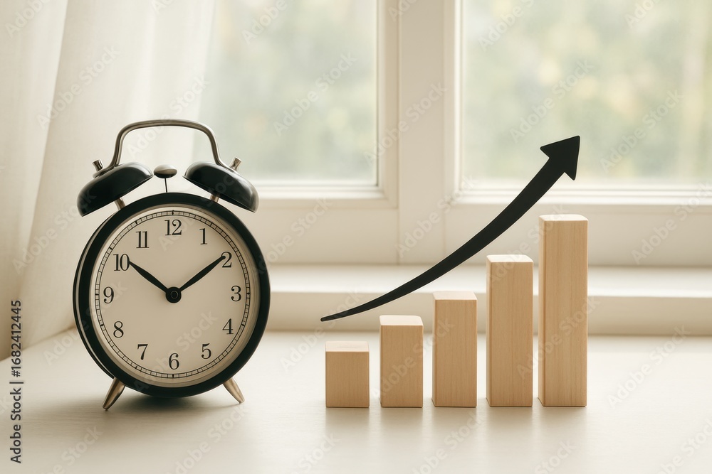 Poster vintage alarm clock with wooden blocks displaying growth trend, symbolizing time management and prog